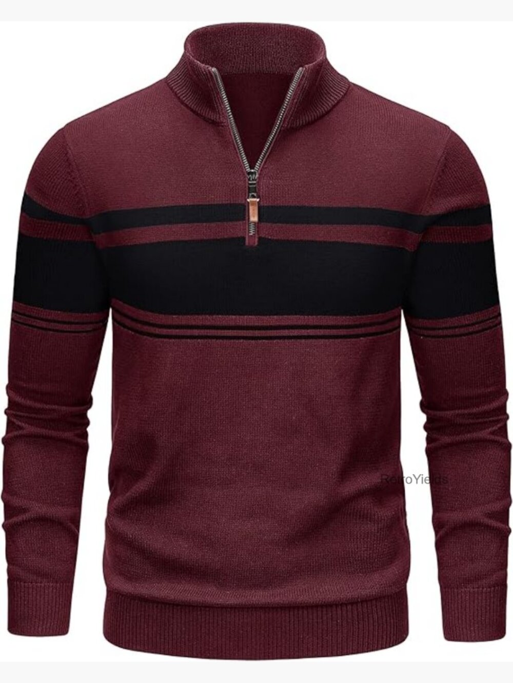 Men's Cotton Quarter Zip Pullover Sweater Striped Long Sleeve Mock Neck Warm